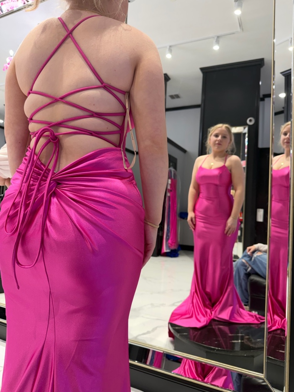 Faviana Fuchsia Satin Lace-Up Back Mermaid Gown